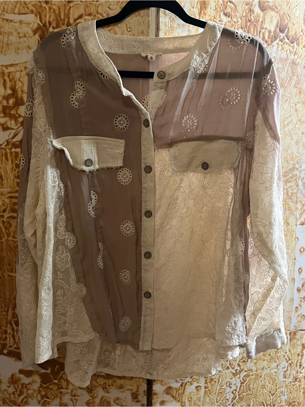 POL Two-Tone Sheer Lace Button-Down Shirt in Taupe and Cream